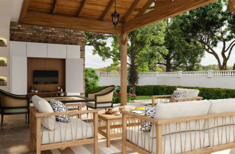 Outdoor seating area with durable wooden furniture, ideal for comparing sheesham wood vs teak wood usage