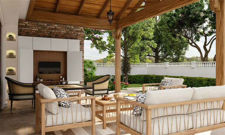 Outdoor seating area with durable wooden furniture, ideal for comparing sheesham wood vs teak wood usage