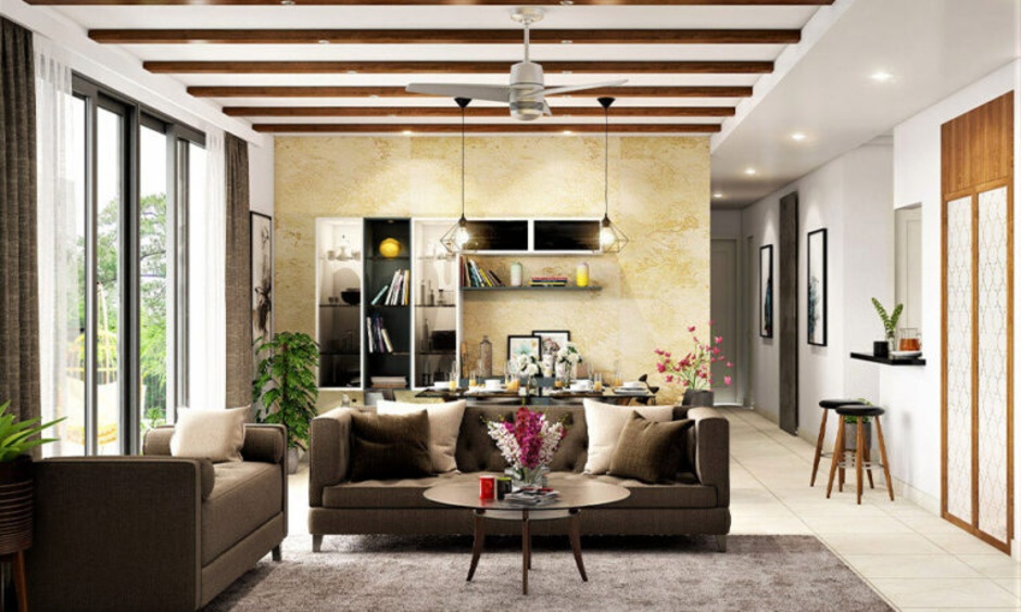 WPC living room interior with sturdy wall panels and false ceiling for long-term durability