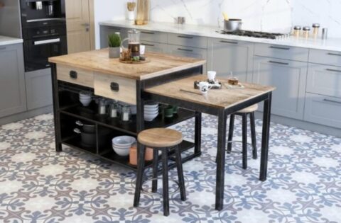 Modern kitchen with anti slip patterned floor tiles and wooden island seating