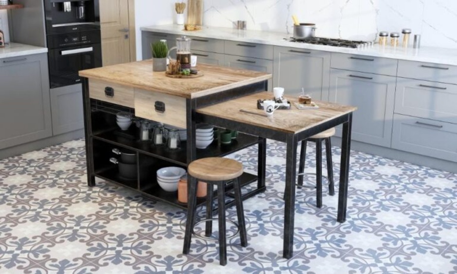 Modern kitchen with anti slip patterned floor tiles and wooden island seating