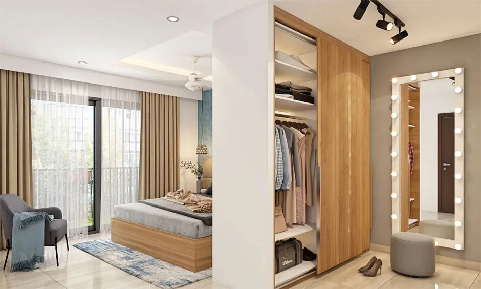 Interior design cost in Chennai for a sliding wardrobe with a bulb-lit mirror in a compact dressing zone.