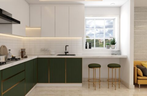 Modern sage green and white kitchen colour design showcasing calm, warm and minimal kitchen colour trends for 2026