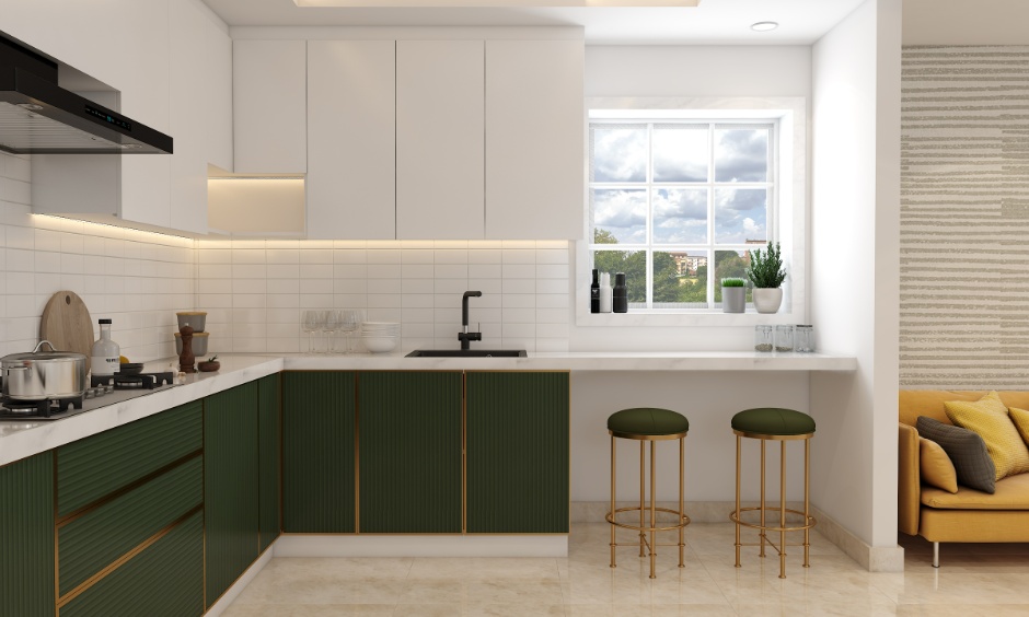 Modern sage green and white kitchen colour design showcasing calm, warm and minimal kitchen colour trends for 2026