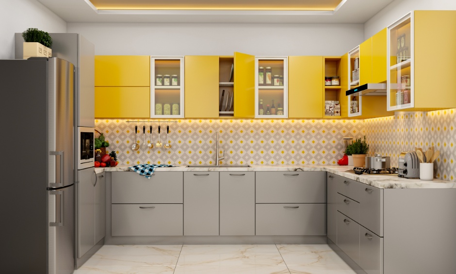 Bright yellow and soft grey kitchen colour idea creating a cheerful, modern and inviting kitchen space for 2026