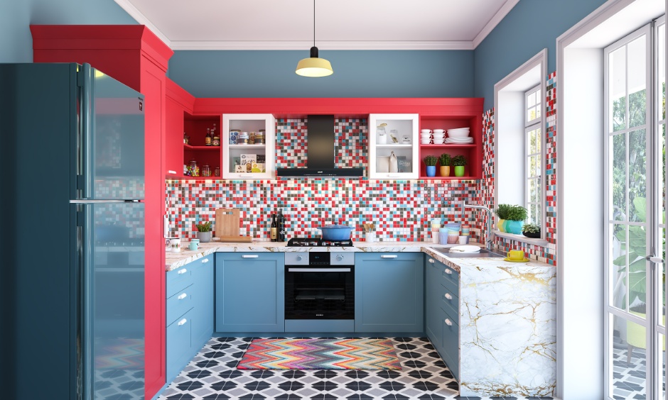 Bold kitchen colour design with mixed shades showing how excessive colours can overwhelm kitchen interiors