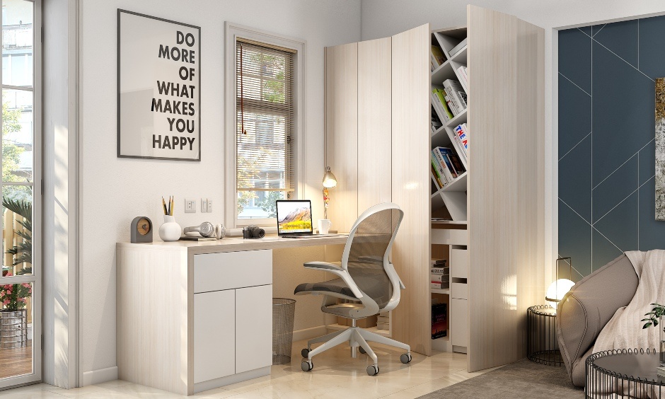 Home office table with closed bookshelf highlighting smart storage and door finish selection