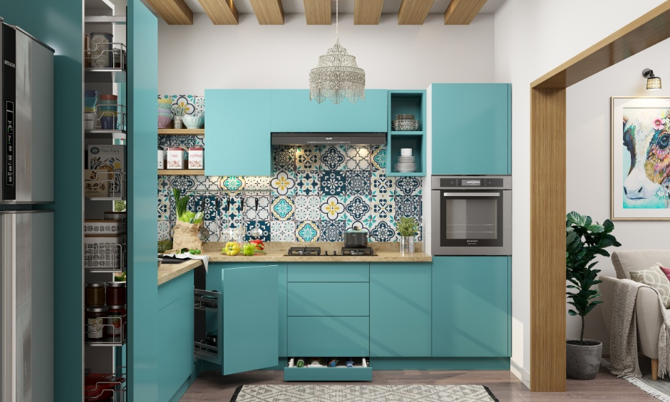 Kitchen mixing modern and boho interior design style trends with teal cabinets and patterned backsplash.