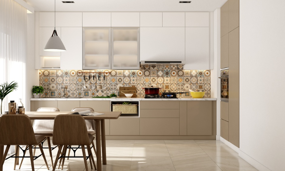 Kitchen featuring Cloud Dancer Pantone cabinet, creating a serene and airy atmosphere.