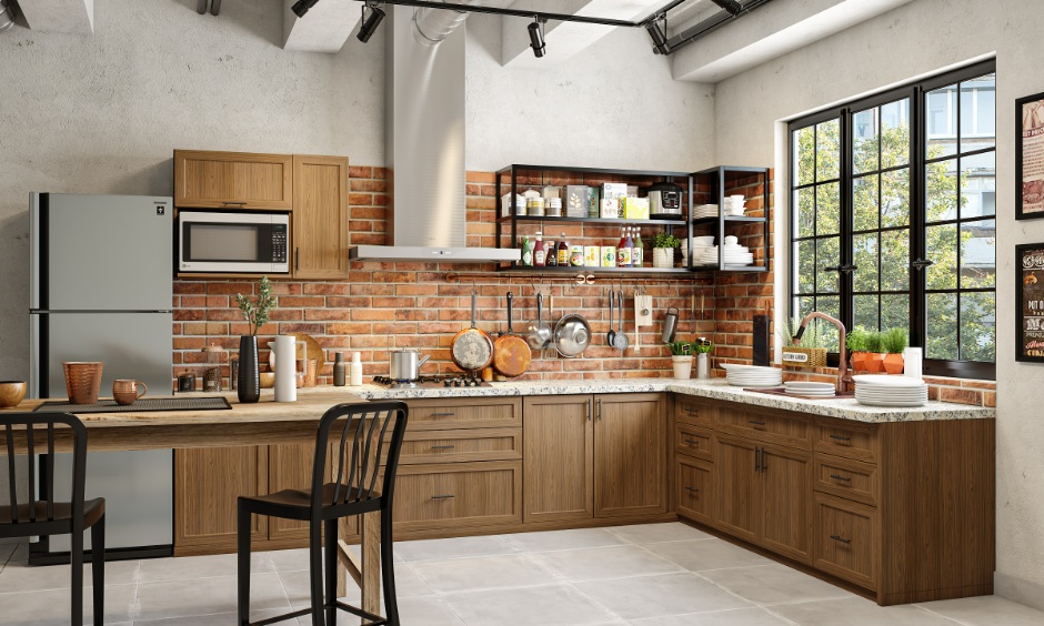 Industrial kitchen with brick backsplash showing sustainable kitchen backsplash tile trends for 2026