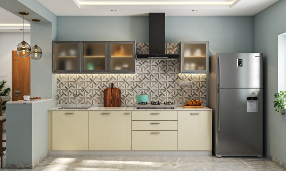 Straight modular kitchen showing maintenance tips for durable modern kitchen backsplash tiles