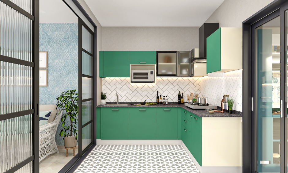 Green modular kitchen showing how to choose the right kitchen backsplash tile for easy cleaning and style