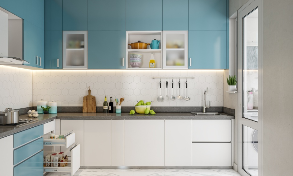 Bright modular kitchen with smart storage representing major share of 2BHK interior design cost in Noida