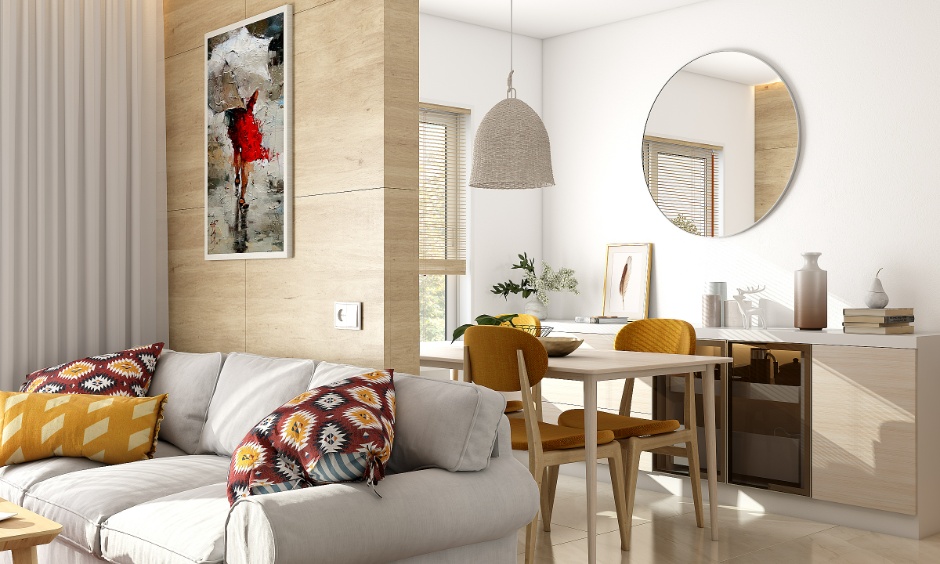 Compact living and dining space reflecting typical 2BHK interior design timeline in Noida