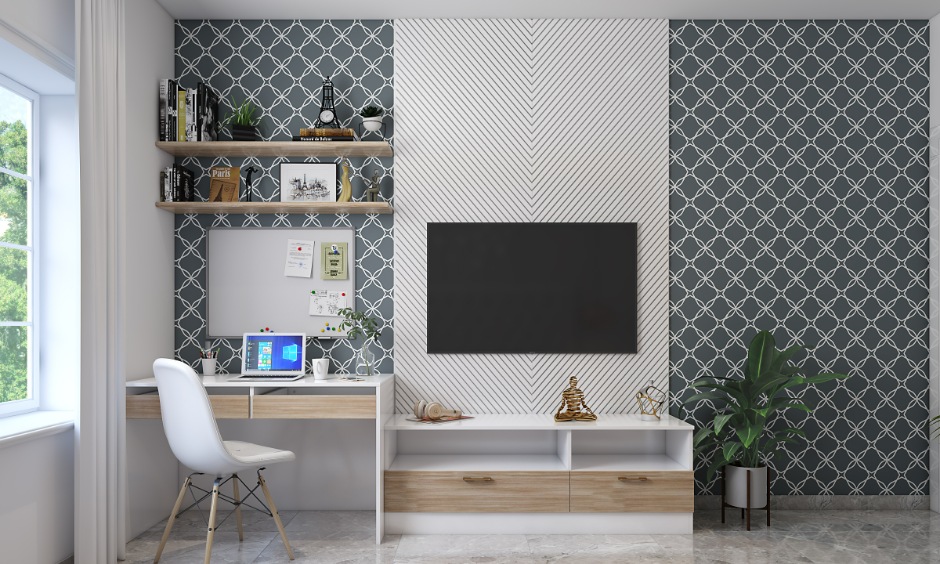 Space-efficient TV and study unit helping reduce 2BHK interior design cost in Noida