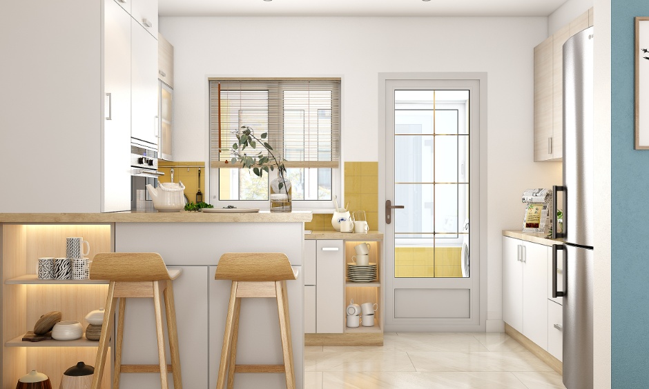 Modern kitchen table with storage and seating designed for daily use, movement and easy maintenance