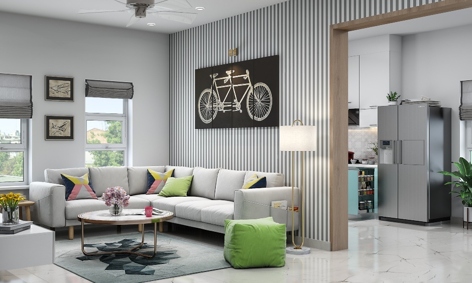 Grey living room with accent wall showing per square foot interior design cost for 2BHK in Vizag