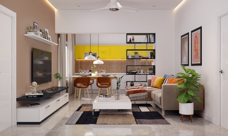 Open-plan living room highlighting benefits of hiring a professional interior designer for 2BHK