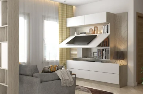 A compact living room uses a built-in media wall and layered storage to save floor space.