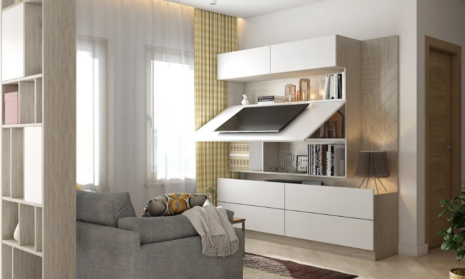 A compact living room uses a built-in media wall and layered storage to save floor space.