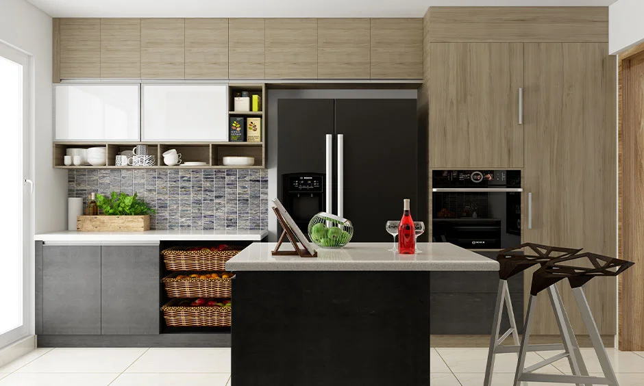 A kitchen trolley with wicker pull-out baskets provides ventilated storage for vegetables and produce