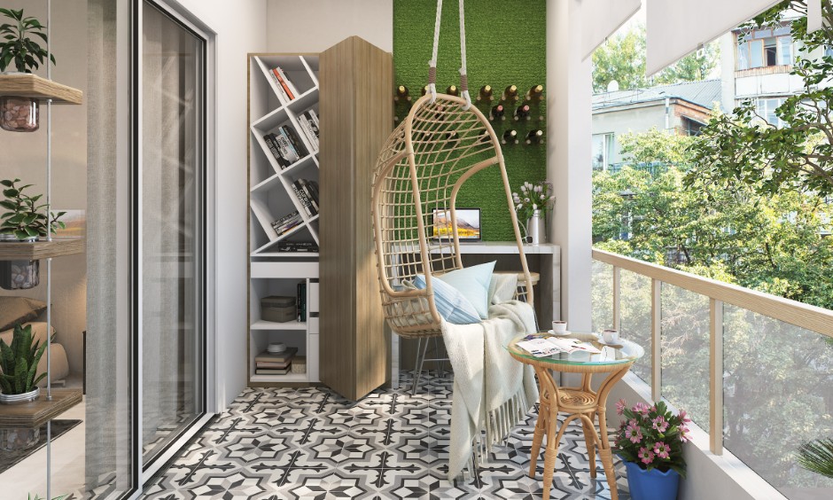 Decor mood board displaying themes like boho and tropical for a cohesive balcony makeover.