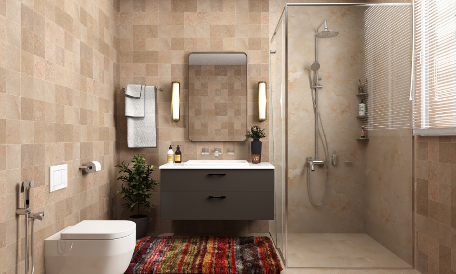Modern bathroom with warm stone tiles and a vibrant rug, part of 2026's material trends for interiors.
