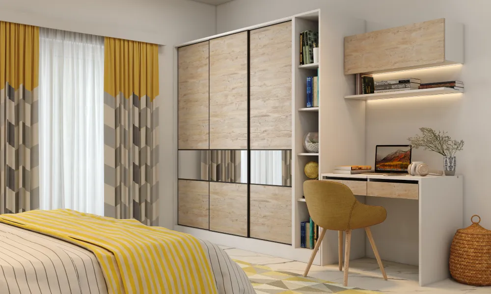 Neutral tone sliding wardrobe that enhances bedroom space without increasing modular wardrobe cost significantly