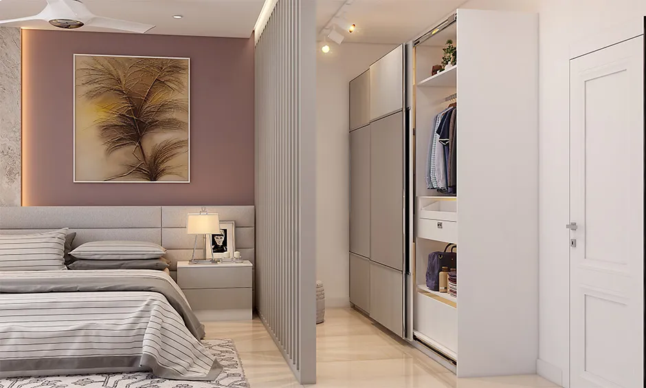 White walk in wardrobe with open shelves designed for organised storage and balanced wardrobe cost