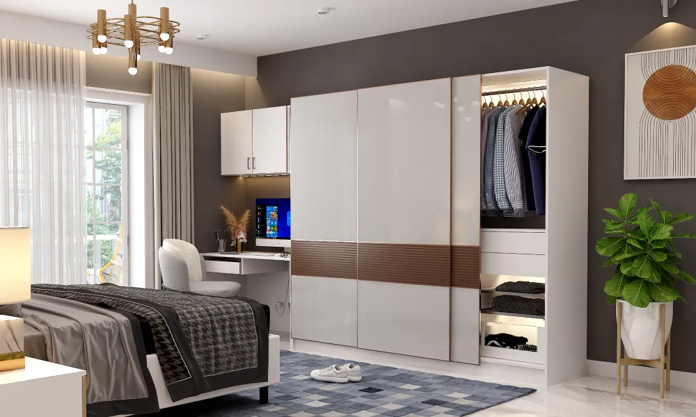 Swing wardrobe design cost in India with matte green and white panels