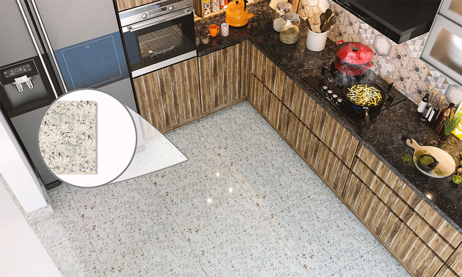 Terrazzo tiles made with marble, quartz and glass chips for unique kitchen flooring