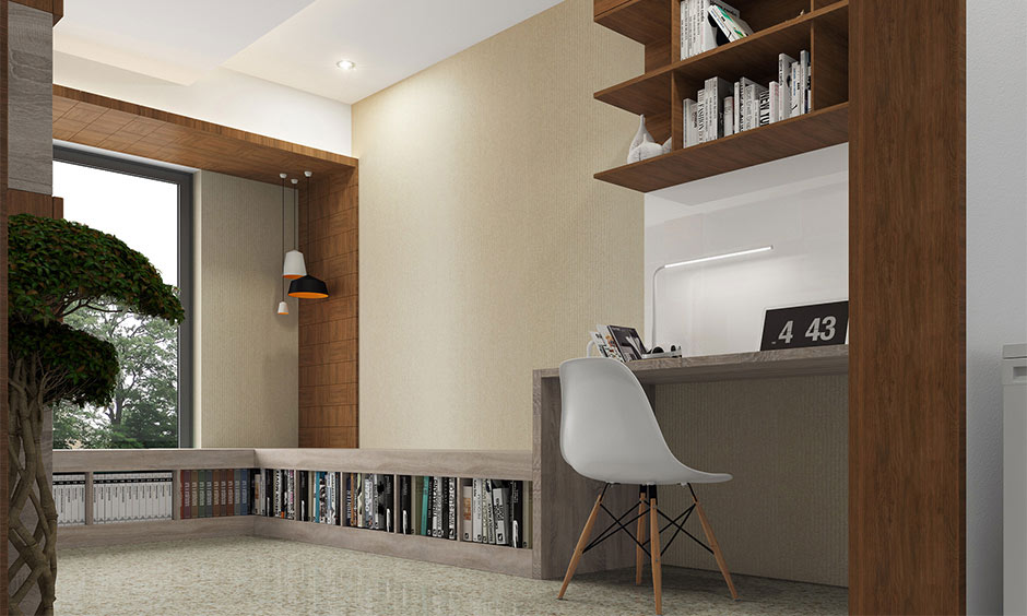 Terrazzo wall tiles used as subtle flooring in study room for modern Indian homes