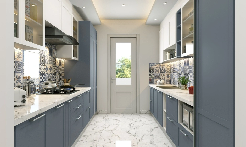 Slim gypsum false ceiling suits a narrow galley kitchen with a clean, practical finish