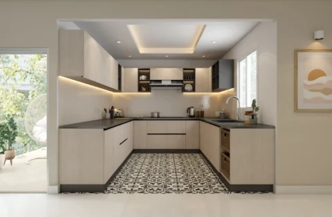 Recessed tray ceiling with cove lighting keeps this U-shaped kitchen bright.