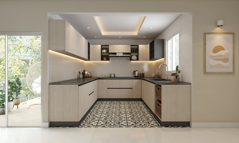 Recessed tray ceiling with cove lighting keeps this U-shaped kitchen bright.