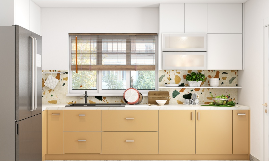 Straight modular kitchen layout showing practical kitchen design dimensions for compact homes