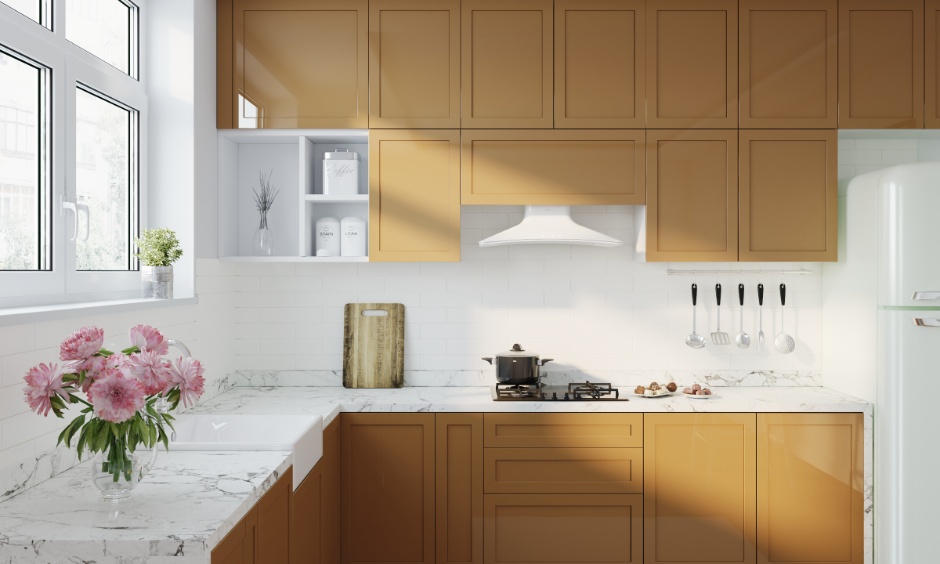 Kitchen with marble platform showing standard kitchen counter dimensions and comfortable workspace depth