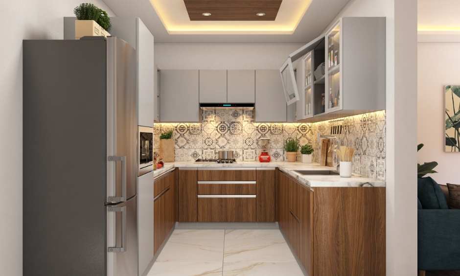 Parallel modular kitchen with base and wall units showing standard kitchen cabinet and drawer dimensions