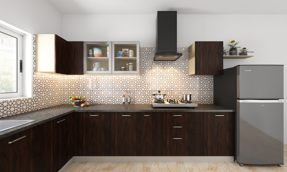 Straight modular kitchen with fridge, chimney and hob showing appliance space in kitchen dimensions in feet