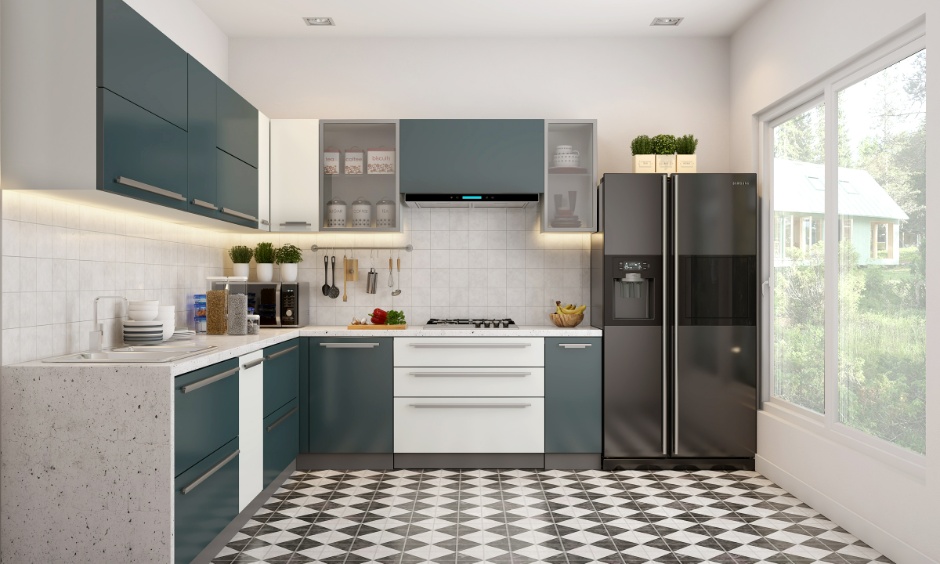 L-shaped kitchen with fridge sink and hob showing efficient small kitchen work triangle dimensions