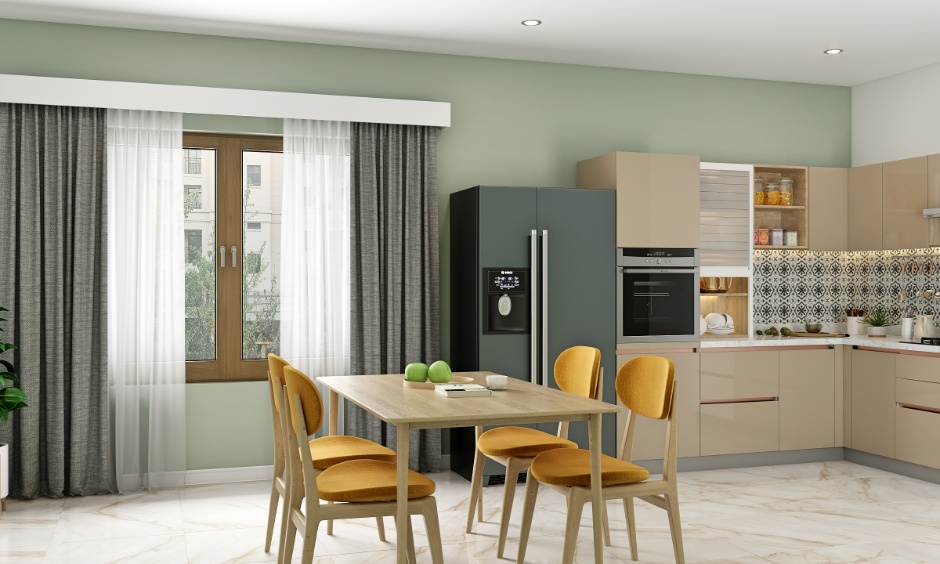 Open kitchen with island seating showing practical kitchen island dimensions for dining and movement