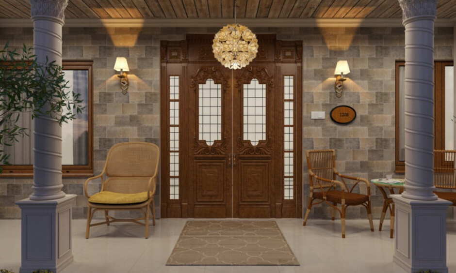 Functional foyer featuring shoe storage, a bench, and a console tray for keys and essentials.
