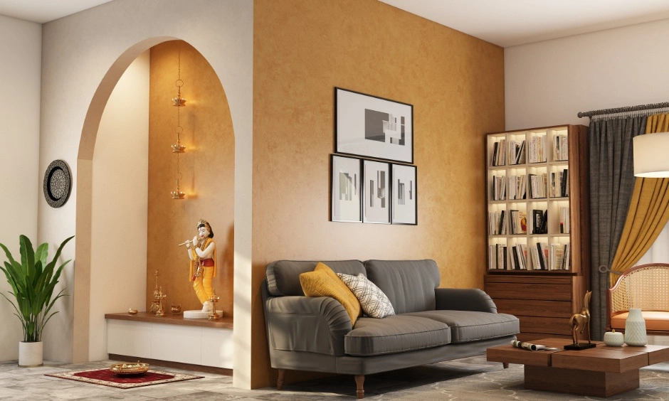 Mustard and cream walls add warmth while keeping the living room visually balanced.