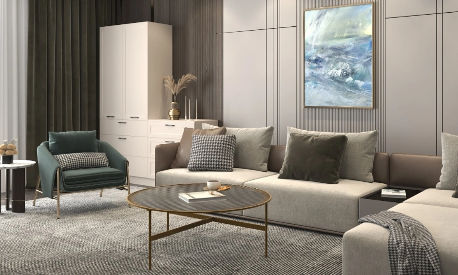 Greige walls create depth in a living room without relying on bold accent colours.