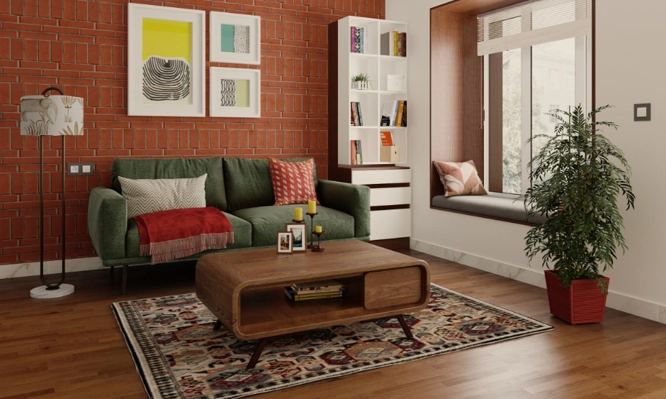 Terracotta and olive green create a warm, calming colour palette for a living room