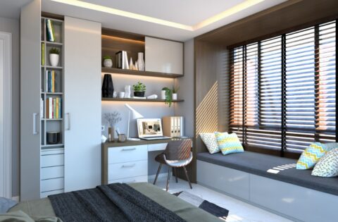 Compact home office design with smart storage and cosy window seat for focused work in 2026