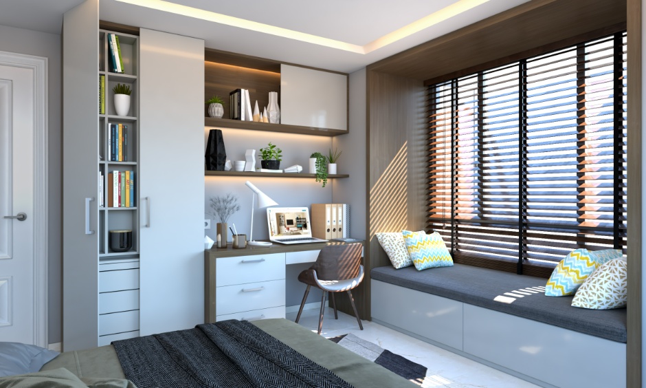 Compact home office design with smart storage and cosy window seat for focused work in 2026