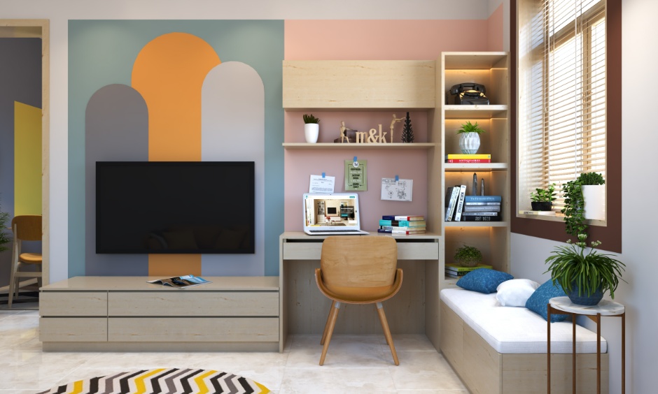 Small home office design in a living room corner with window seat and organised desk setup