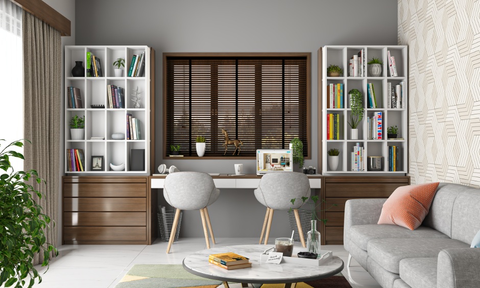 Shared home office design with dual desk, open shelving and clutter-free layout for productivity