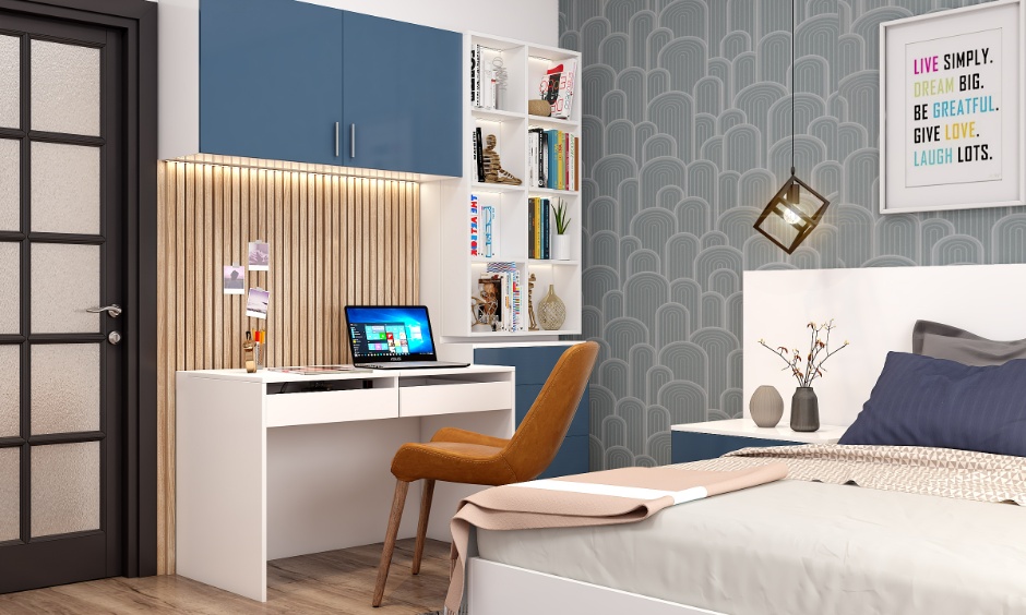 Home office room design with wall-facing desk, vertical storage and zoned layout for focus